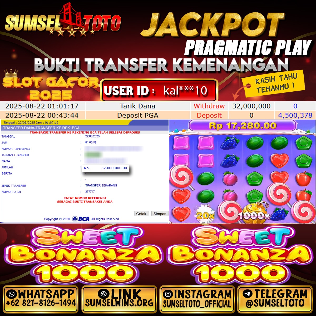 SUMSELTOTO JACKPOT SWEET BONANZA 1000 Rp.32,000,000.,- LUNAS